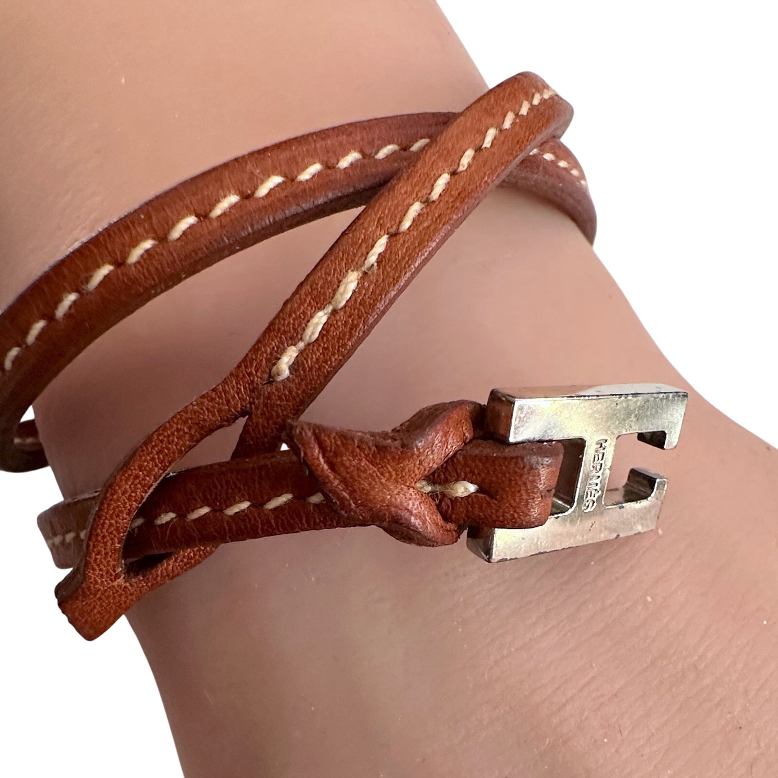 Hermes Tillet Leather Double Wrap Bracelet (Brown W White Stitching)